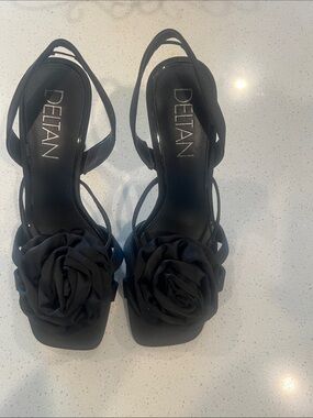 Deltan Black Floral Slingback Heels